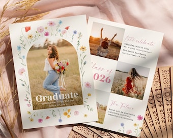 Inbjudan till examensfest med vildblommor: Boho blommigt foto (redigerbar Canva-mall)