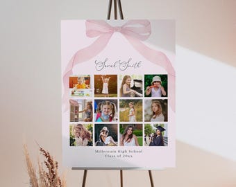 Cartello per collage di foto di laurea con fiocco rosa: decorazioni per laureati in stile chic (modello Canva modificabile)