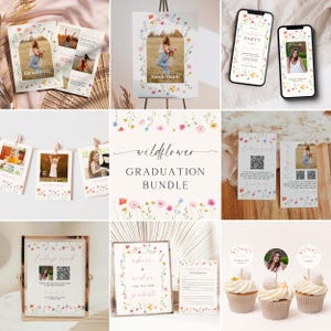 May include: A collection of wildflower-themed graduation party supplies. Includes invitations, signage, and cupcake toppers. The designs feature floral borders and photos. The text includes "Graduate," "Party," and "College Fund."