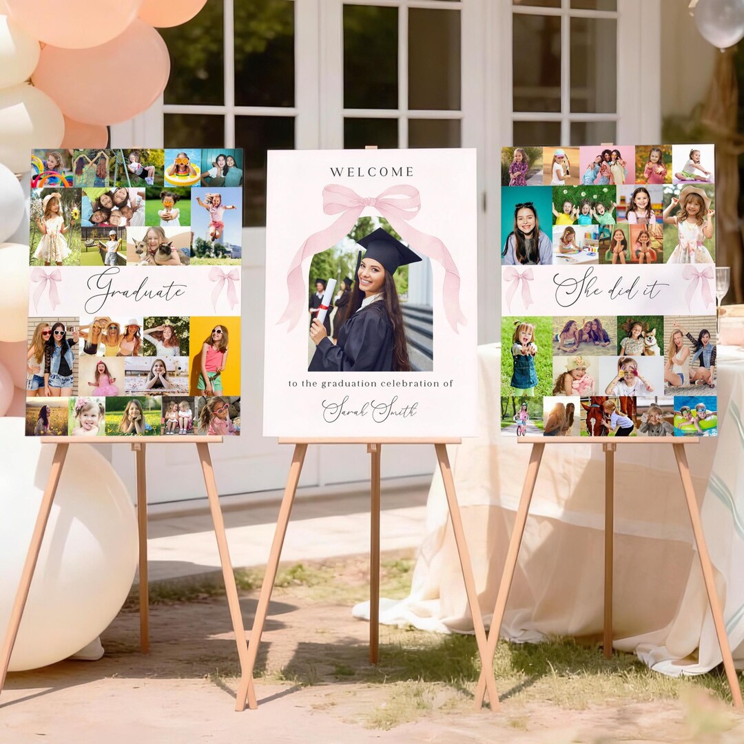 Grad Picture Collage Pink Bow Graduation Photo Collage Sign: Coquette Grad Decor (editable ...