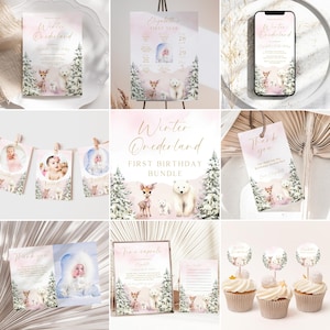 Pakiet zaproszeń na pierwsze urodziny Winter Onerderland Girl, zestaw dekoracji na pierwsze przyjęcie Winter Wonderland, edytowalny szablon Canva