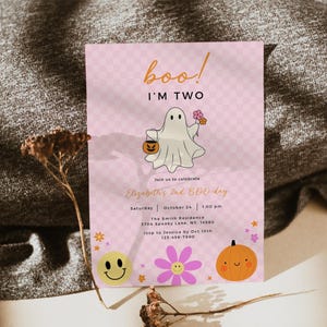 Boo I&#39;m Two Girl Birthday Invitation: Retro Halloween Ghost Party (Digital Template Canva Edit