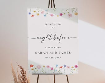 Cartello di benvenuto "Wildflower The Night Before", striscione per la cena di prova, modello Canva modificabile