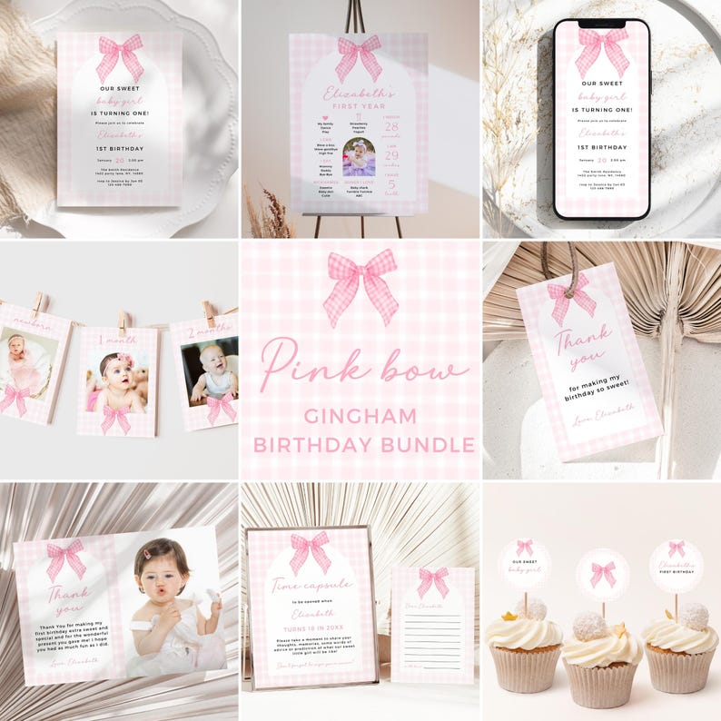 Pink Bow Gingham 1st Birthday Invitation Bundle (digital Download) - Etsy