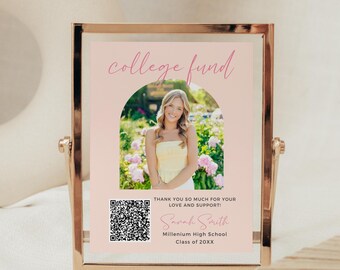 Cartello rosa moderno per la raccolta fondi universitaria con codice QR, decorazione modificabile per la festa di laurea (modello Canvas)