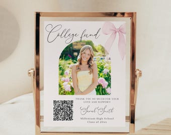 Cartello con codice QR per la festa di laurea Pink Coquette, decorazione modificabile per la festa di laurea (modello Canvas)