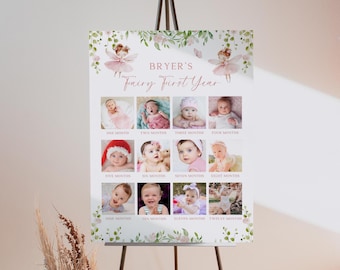 Letrero para el primer cumpleaños de hadas: Tablero de fotos para fiesta en el jardín floral (Plantilla editable de Canva)