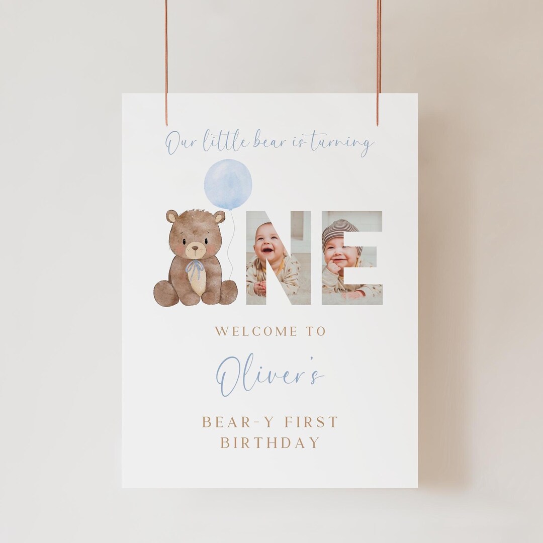 Teddy Bear 1st Birthday Welcome Sign: Minimalist Blue (editable Canva ...