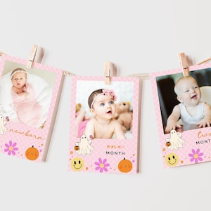 One Groovy Ghoul Girl 1e verjaardag maandelijkse fotobanner, Halloween retro schattige groovy Ghost smiley 12 maanden teken, bewerkbare canvassjabloon