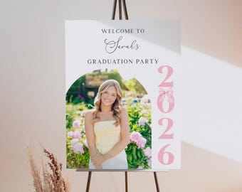 Pink Bow Graduation Welcome Sign: Coquette Photo Banner (Editable Canva Template)
