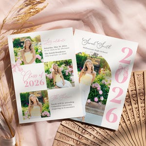 May include: Two graduation announcement cards featuring a young woman in a yellow top and white trousers. The cards have pink accents, the year 2026, and the text "Let's celebrate" and "The Future".
