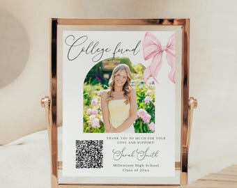 Cartello con codice QR per la festa di laurea Pink Coquette, decorazione modificabile per la festa di laurea (modello Canvas)