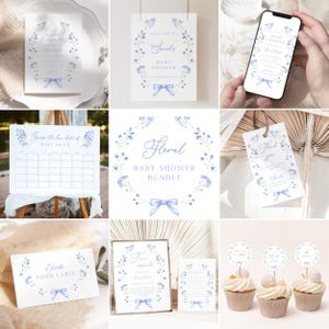 Dusty Blue Floral Baby Shower Invitation Bundle (Editable Canva Template)