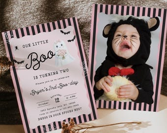 ピンクのハロウィンゴースト2歳誕生日招待状：編集可能なCanvaテンプレート