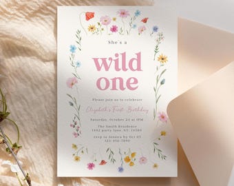 Invitación de primer cumpleaños con flores silvestres: Foto floral bohemia (Plantilla editable de Canva)