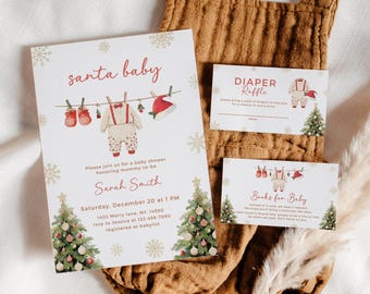 May include: A set of baby shower invitations and cards with a Christmas theme. The main invitation features the text "santa baby" and illustrations of baby clothes and Christmas trees. Additional cards include "Diaper Raffle" and "Books for Baby".