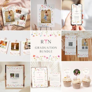 Paquete de invitaciones de graduación de enfermería con diseño de flores silvestres: decoración floral bohemia (plantilla editable de Canva)