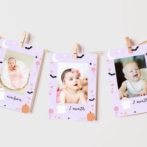 Spooky One Girl 1e eerste verjaardag paarse maandelijkse fotobanner schattig spook Halloween Spooktacular Party 12 maanden teken bewerkbare canvassjabloon