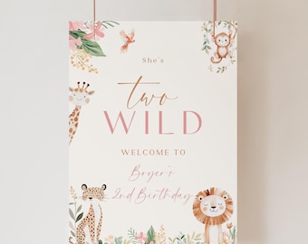 Two Wild Birthday Welcome Sign, Girl Jungle Animals, Editable Template (Digital Download)