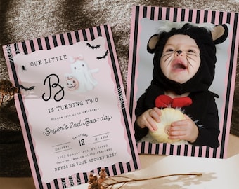 ピンクのハロウィンゴースト2歳誕生日招待状：編集可能なCanvaテンプレート