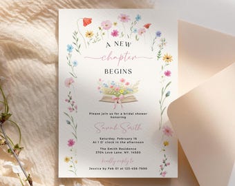 Invito per addio al nubilato a tema "Un nuovo capitolo", invito per brunch a tema fiori selvatici, modello Canva modificabile