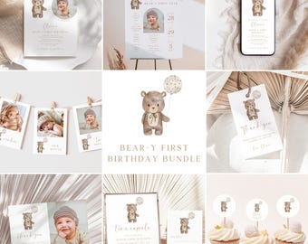 May include: A printable set of first birthday party decorations featuring a brown bear with a balloon. The set includes invitations, thank you cards, a banner, a sign, and cupcake toppers. The decorations are in a neutral colour palette with gold accents.