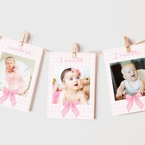 Pink Bow Girls Just Wanna Be One Gingham 1º aniversário do primeiro ano, banner de foto mensal de marco, cartões de 12 meses, modelo editável Canva SSS2
