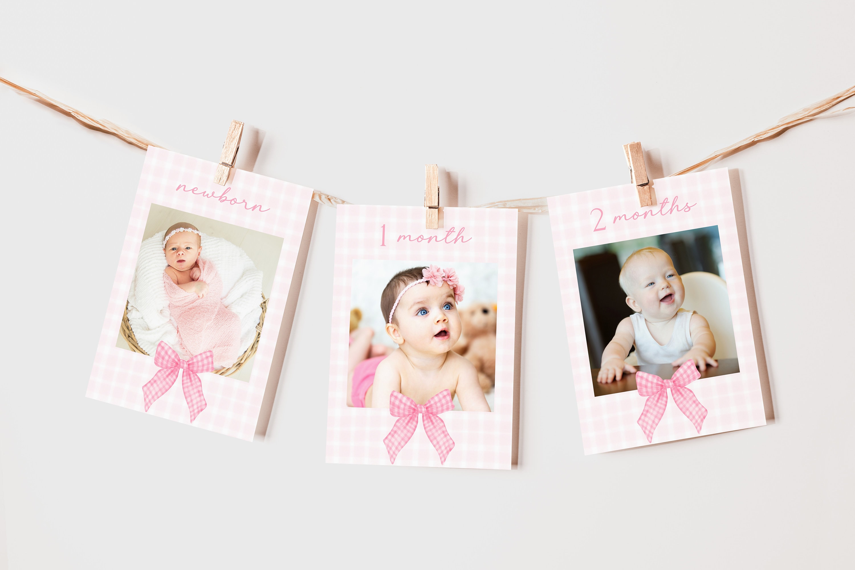 Pink Gingham Bow 1st Birthday Photo Banner: 12 Month Milestone Cards ...