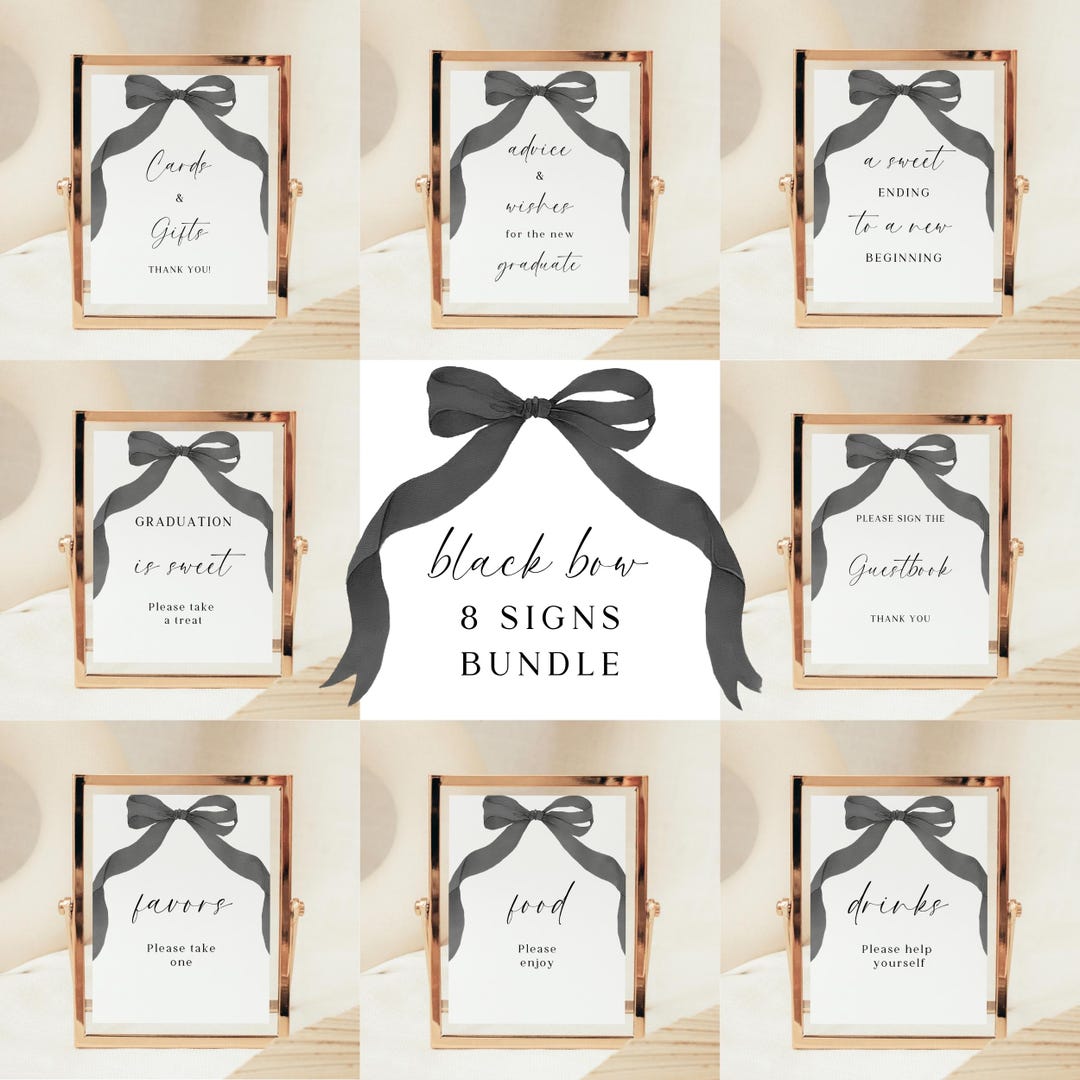 Black Bow Graduation Party Signs Bundle: Boho Table Decor (canva ...