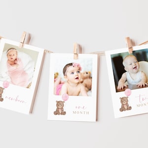 Beary Erster Geburtstag Monatliches Banner Mädchen 1st Bday Blauer Ballon Bogen Jährlich Boho Dekor Zeichen Teddybär Foto Meilenstein bearbeitbare Canva Vorlage