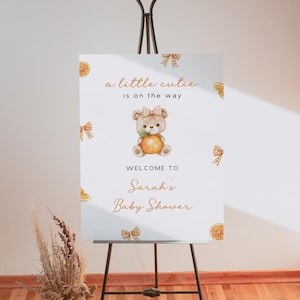 Little Cutie Girl Baby Shower Printable Welcome Sign, A Little Cutie Is On The Way Orange Bear Coquette Bow Poster, Editable Canva Template