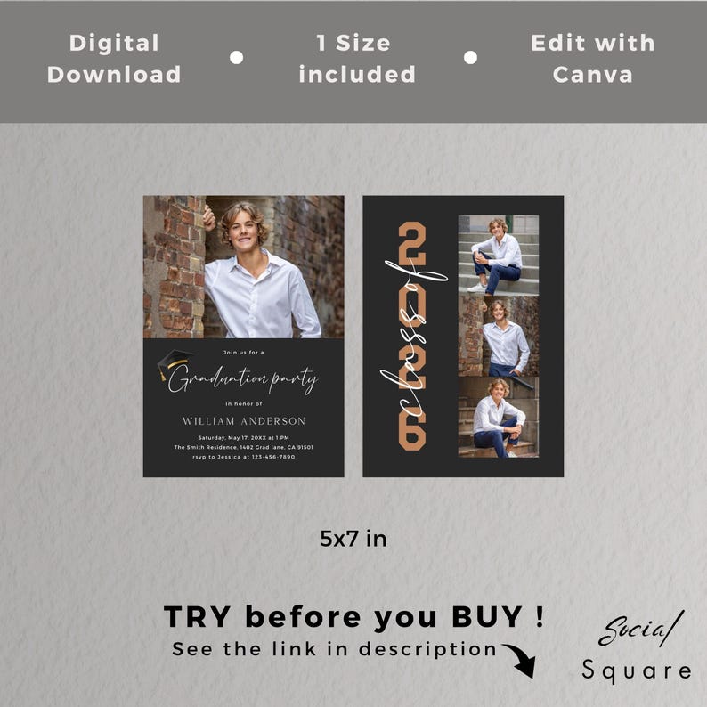 Modern examensinbjudan 2026, tillkännagivande för seniorpojke (redigerbar Canva-mall) bild 3