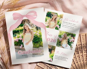 Pink Bow Graduation Party Invitation: Photo Grad Evite (Canva Template)