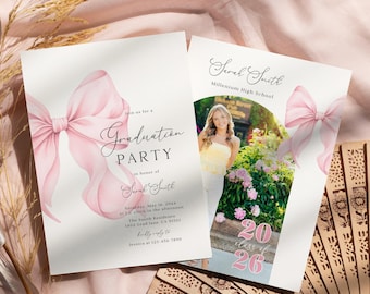 Pink Bow Graduation Party Invitation: Photo Grad Evite (Canva Template)