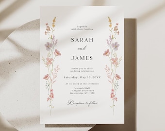 Wildflower Wedding Invitation, Boho Floral Invite, Editable Canva Template