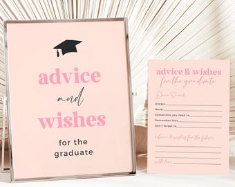 Cartello rosa moderno con consigli e auguri per la laurea: decorazioni per feste di laurea in stile chic (modello Canva modificabile)