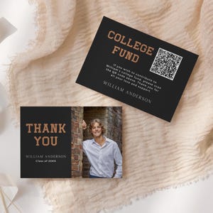 Tarjeta de agradecimiento de graduación, código QR para el fondo universitario, inserto editable para la fiesta de graduación (plantilla de Canva)