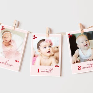 Banner fotografico mensile per il primo compleanno della ragazza, decorazione per poster retrò per la prima festa di San Valentino, modello Canva modificabile