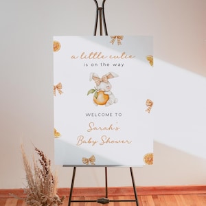 Little Cutie Girl Baby Shower Printable Welcome Sign, A Little Cutie Is On The Way Orange Bunny Coquette Bow Poster, Editable Canva Template