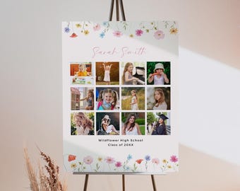Cartello per collage fotografico di laurea con fiori selvatici: decorazioni floreali per la laurea (modello Canva modificabile)