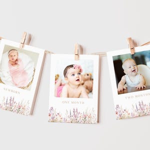 Bannière photo première année fleurs sauvages, bannière photo mensuelle fille, décoration florale pour 1er anniversaire, cartes-photos d'étape importante, modèle canva modifiable