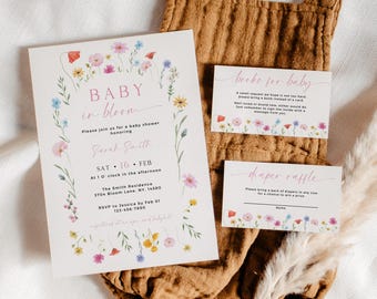 May include: A baby shower invitation with a floral wreath design. The invitation is for Sarah Smith and is set for Saturday, February 16th at 1:00 PM. The invitation includes the address and RSVP information. There are also two cards for books for baby and diaper raffle.
