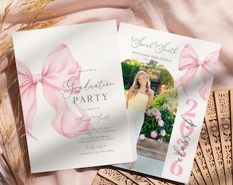 Pink Bow Graduation Party Invitation: Photo Grad Evite (Canva Template)