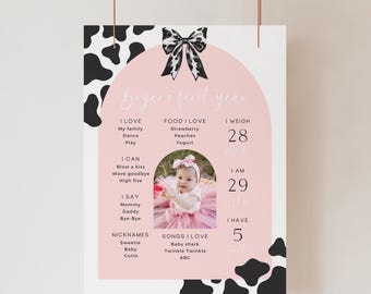 May include: A pink and white first birthday milestone poster with a cow print background. The poster features a photo of a baby girl, along with details about her first year, including her weight, height, favorite foods, songs, and nicknames. The text on the poster reads "Bryer's first year".