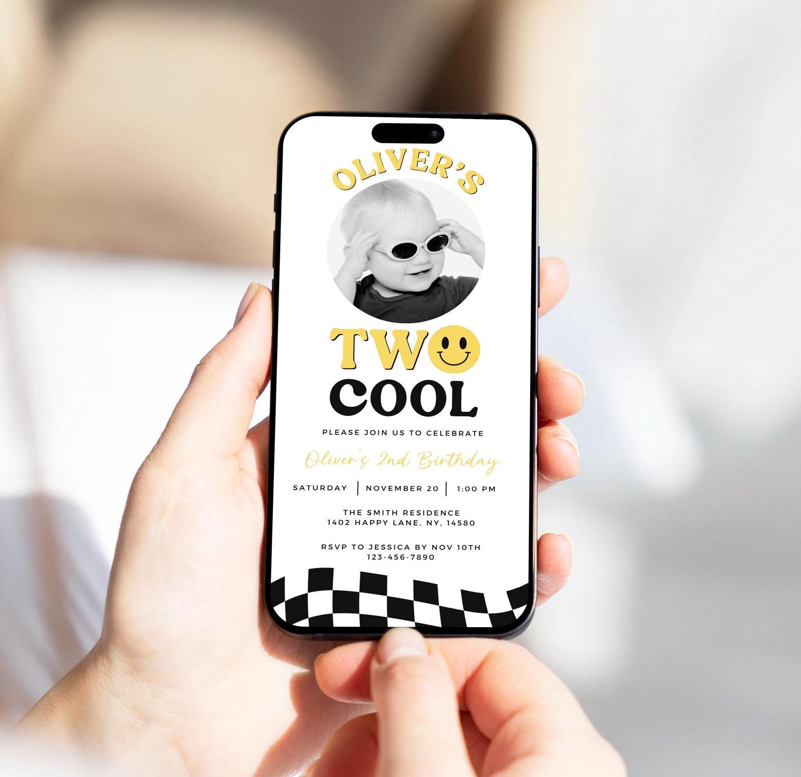 Two Cool Dude Boy 2nd Birthday Digital Invitation, Retro Smiley Face Second Birthday Invite, Preppy Party Evite, Editable Canva Template