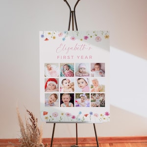 Wildflower Girl First Birthday Milestone Sign, Spring Flowers 1st Birthday Photo Stats Board, Printable Milestone Poster Editable Canva SSS1