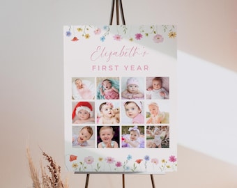 Puede incluir: Un póster blanco con un borde floral y un título rosa que dice "Elizabeth's First Year". El póster tiene una cuadrícula de 12 fotos de una niña pequeña a diferentes edades.