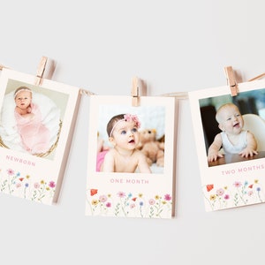 Banner de foto de primeiro ano de flores silvestres, banner de foto mensal de menina, decoração floral de primeiro aniversário, cartões de fotos de marcos, modelo Canva editável SSS1