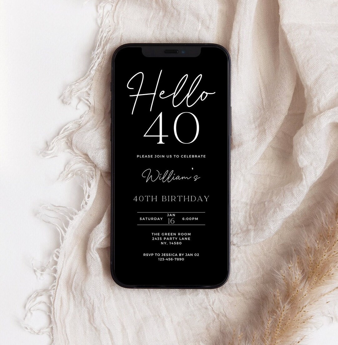 40th Birthday Party Digital Invitation, Hello Forty Minimalist Invite ...