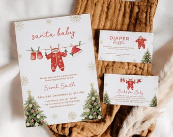 May include: A baby shower invitation set with a Christmas theme. The invitation features the text "santa baby" and includes a red onesie, hat, and mittens hanging on a clothesline. Additional cards include "Diaper Raffle" and "Books for Baby".